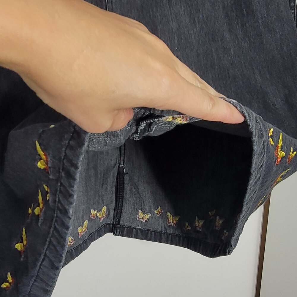 Fancy Denim Vintage Black 100% Cotton Butterfly Embroidered Denim Skirt Large - Picture 6 of 12